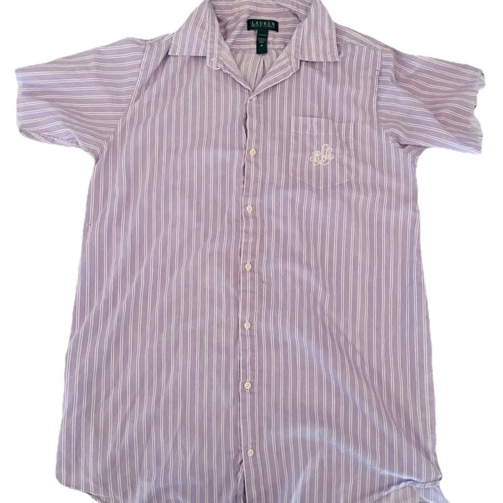 LRL Ralph Lauren Womens Pajama Sleep Shirt Monogram Logo Striped Purple Medium